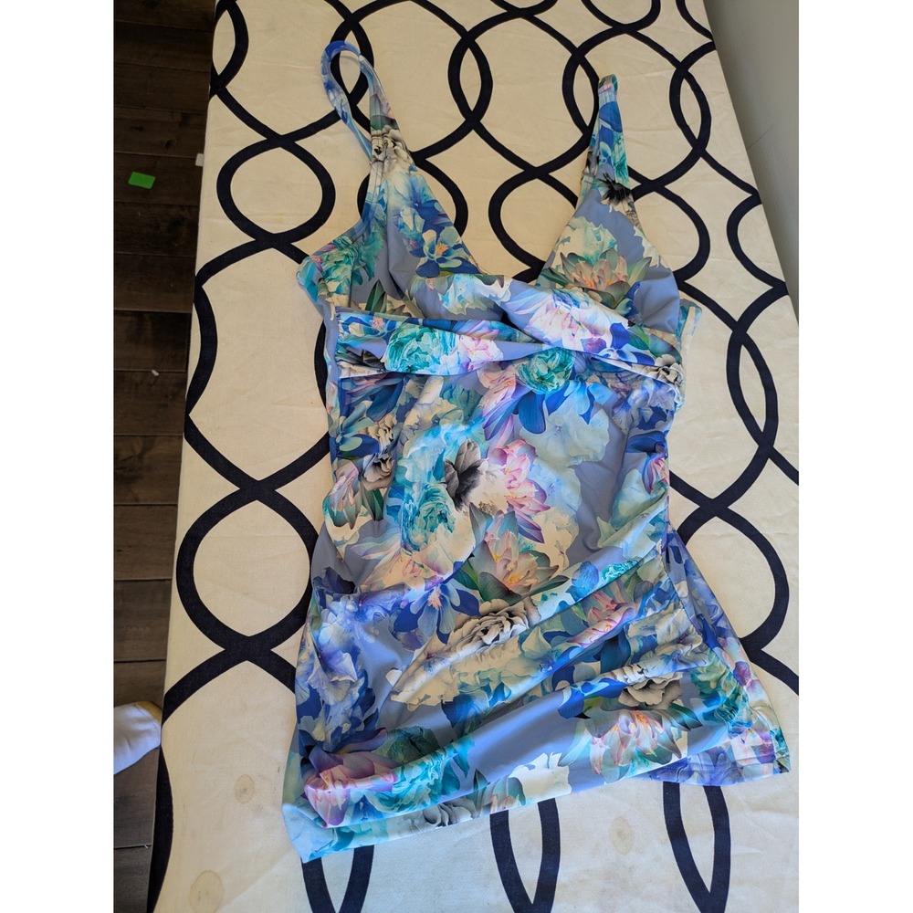 Calvin Klein Blue Floral Ruched Tankini Swim Top V-Neck Size Medium
